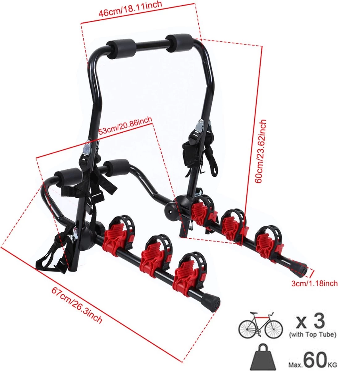 Samger Fietsendrager - 3 Fietsen, Ook Elektrisch, Zonder Trekhaak - Draagkracht 60kg - Ideaal Voor Achterklep Auto! - Afbeelding 8