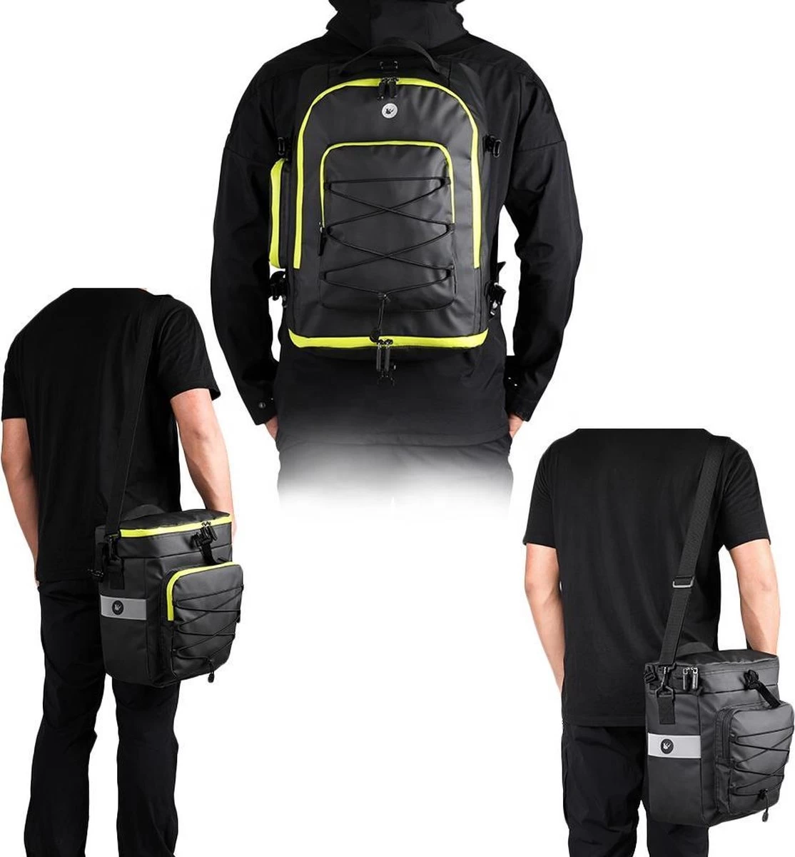 Fietstassen Dubbel Rugzak Fietstas Rugtas Bagagedrager Fiets Regenhoes Zwart Groen 60L - RHINOWALK® - Afbeelding 4