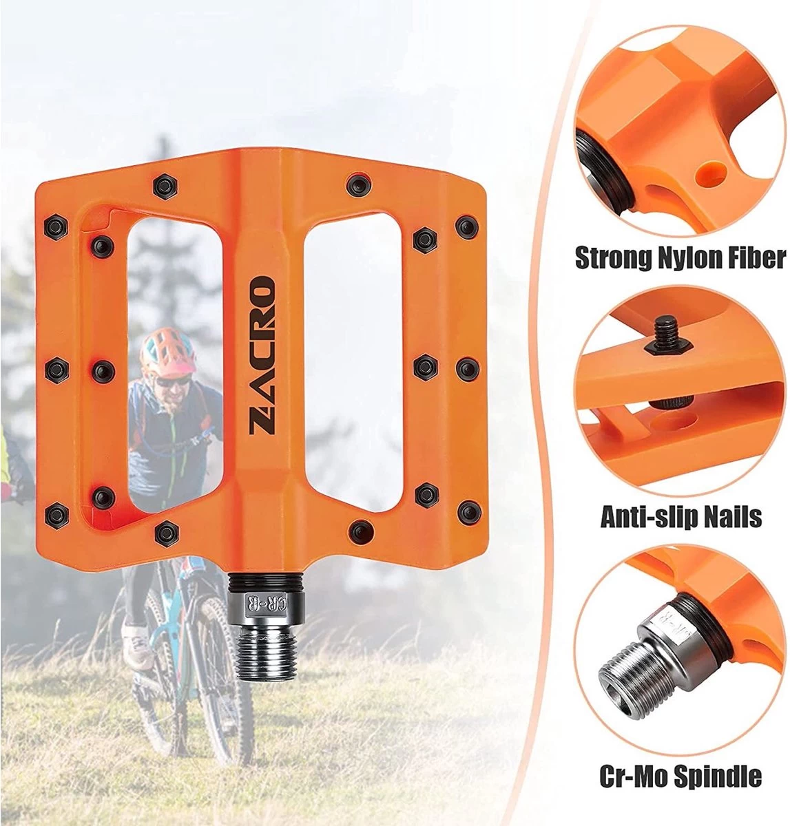 Zacro Fietspedalen - Nylon Antislip Mountainbike Pedalen - Platformpedalen - 9/16 - 2 Lagers - Antislip Waterdicht Anti Stof - Oranje - Afbeelding 7