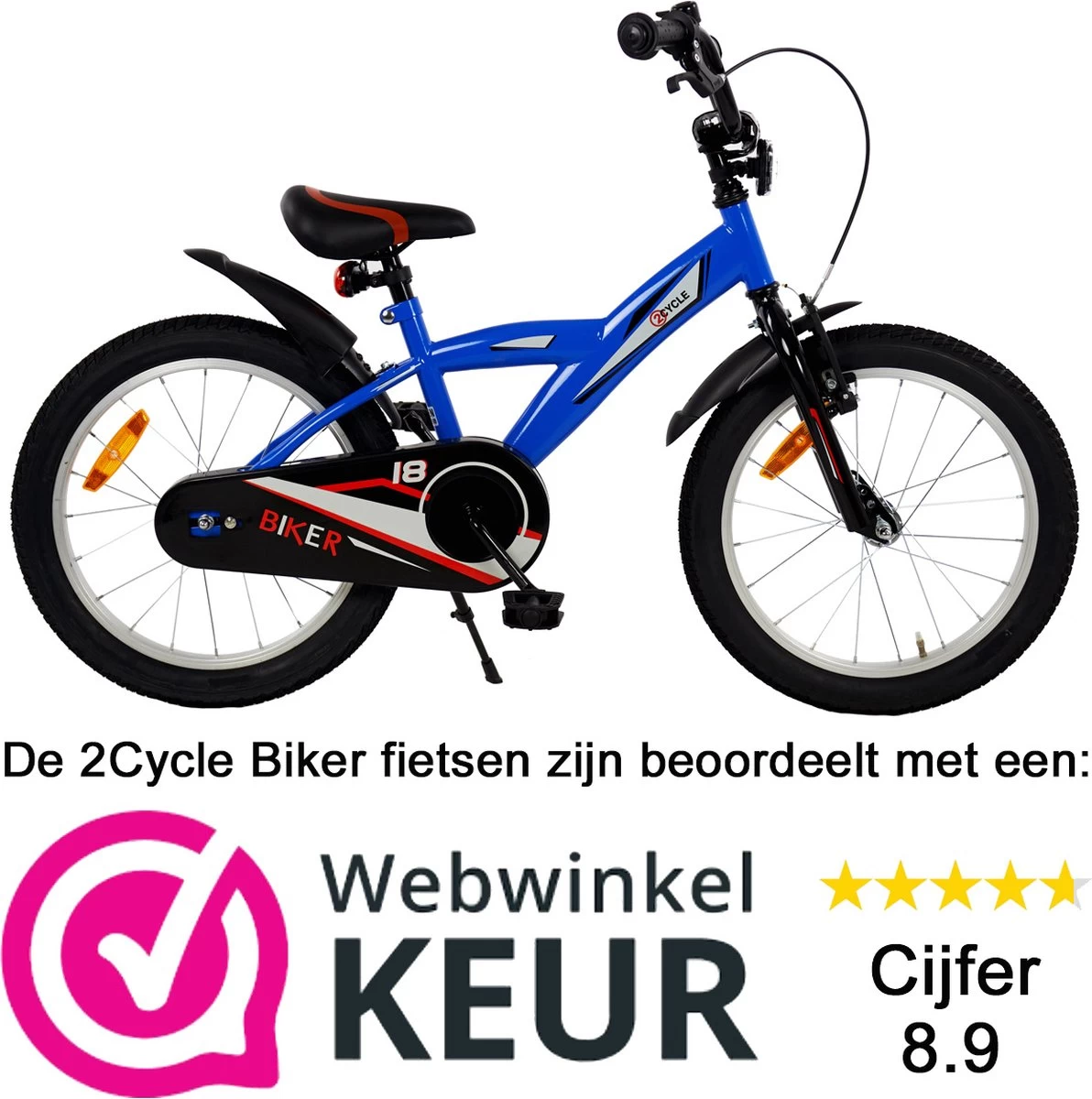 2Cycle Biker Kinderfiets - 18 Inch - Blauw - Jongensfiets - Afbeelding 2