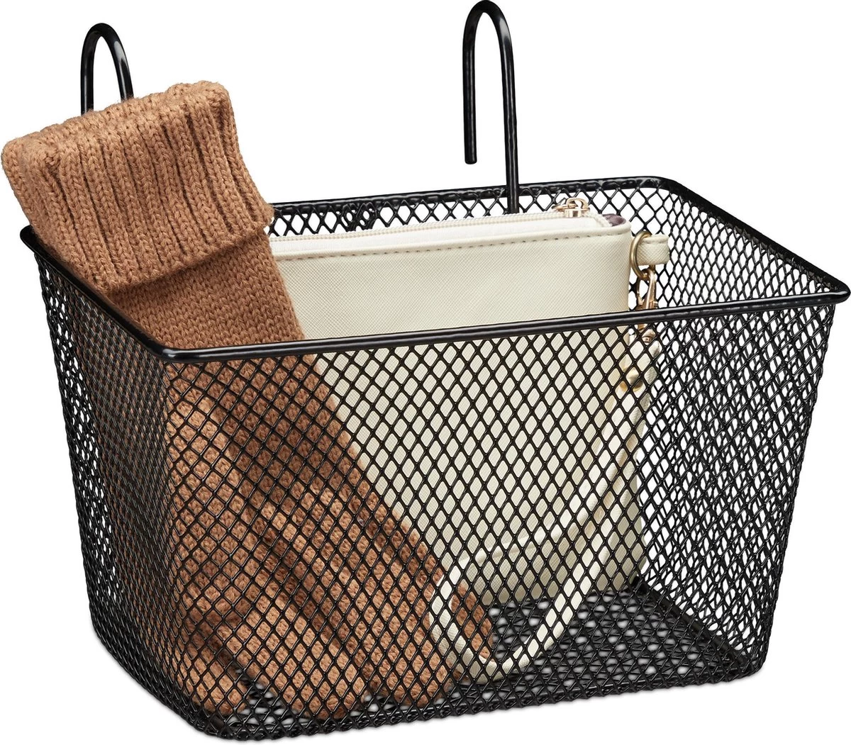 Relaxdays Fietsmand Stuur - Fietsmandje Met Haken - Fiets Mand Voorop - Klein - Metaal - Zwart