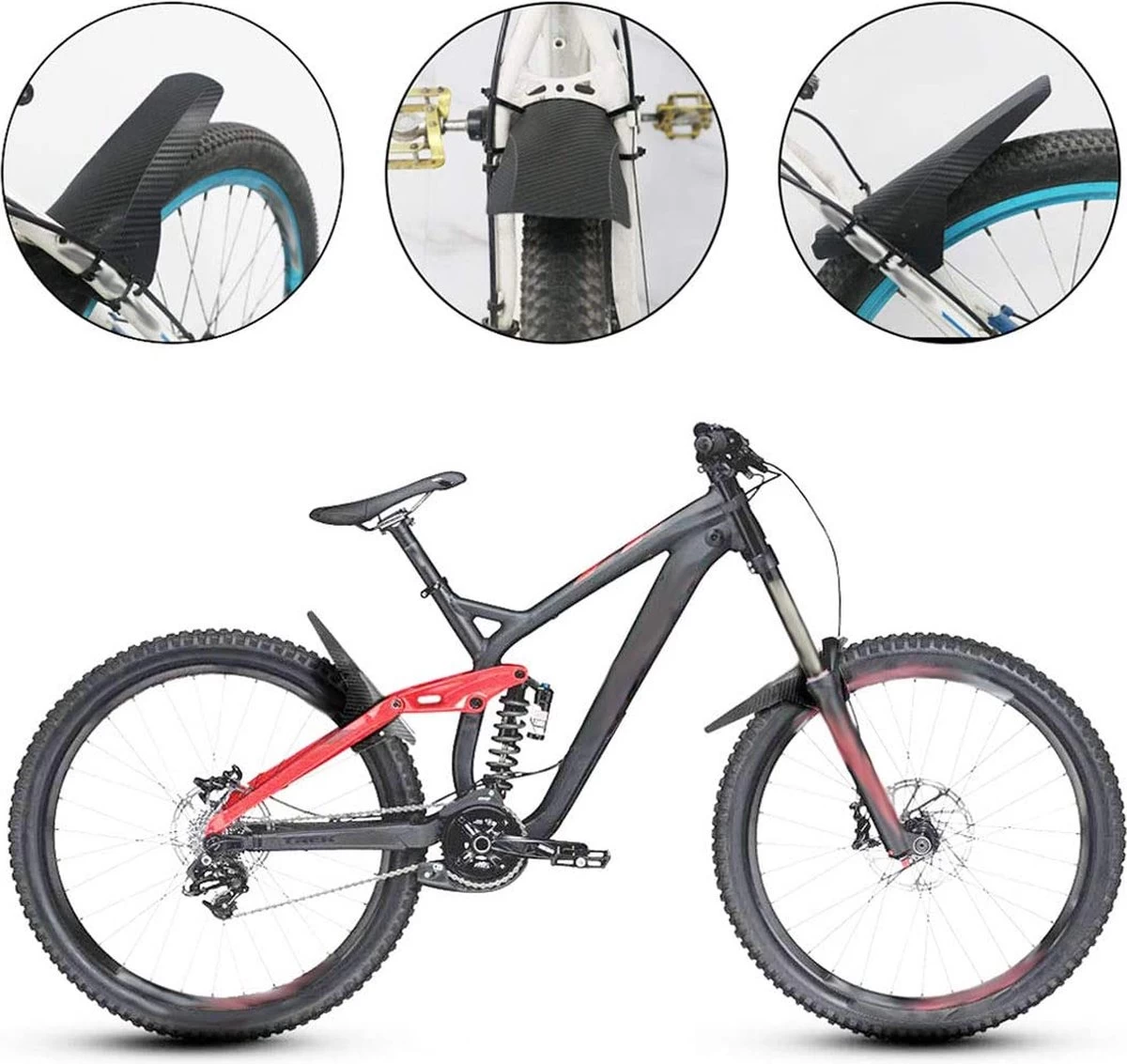 Set Van 2 - Universeel Spatborden - Inclusief Bevestiging Materiaal - Tie Wraps - Mountainbike Spatbord -Verstelbare Voor + Achter MTB Spatbord Set - Compatibel Met 20 "/24"/26 "/27.5"/29" Fiets - MBT Spatborden - 3D Carbon Patroon - Zwart - Afbeelding 3