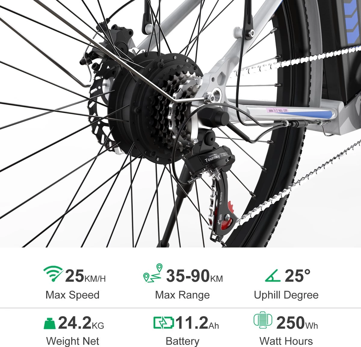 HITWAY Elektrische Fiets, 26 Inch, 250 W Motor, Li-batterij 36 V/11,2 Ah Ebike, Shimano 7 Versnellingen, Tot 35-90 Km - Afbeelding 3