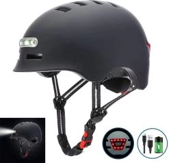 Fietshelm - Met Voor- En Achterlicht-Skatehelm - Maat-L 58-61cm-Helm Mat-Zwart - LED Verlichting