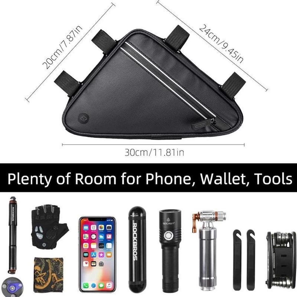 Merkloos Decopatent® PRO Fiets Frametas - Driehoek - Fietstas Voor Onder Fietsframe Tas - Waterdicht - Racefiets - Koersfiets - MTB - Ebike - Afbeelding 5