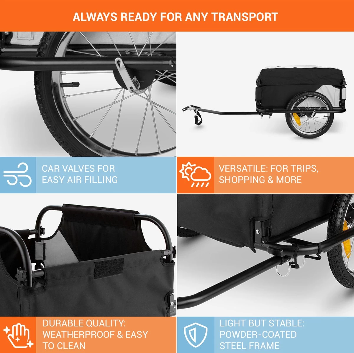 Mountee Rijwielaanhanger Trekker 130l 60kg Stalen Buis - Afbeelding 3