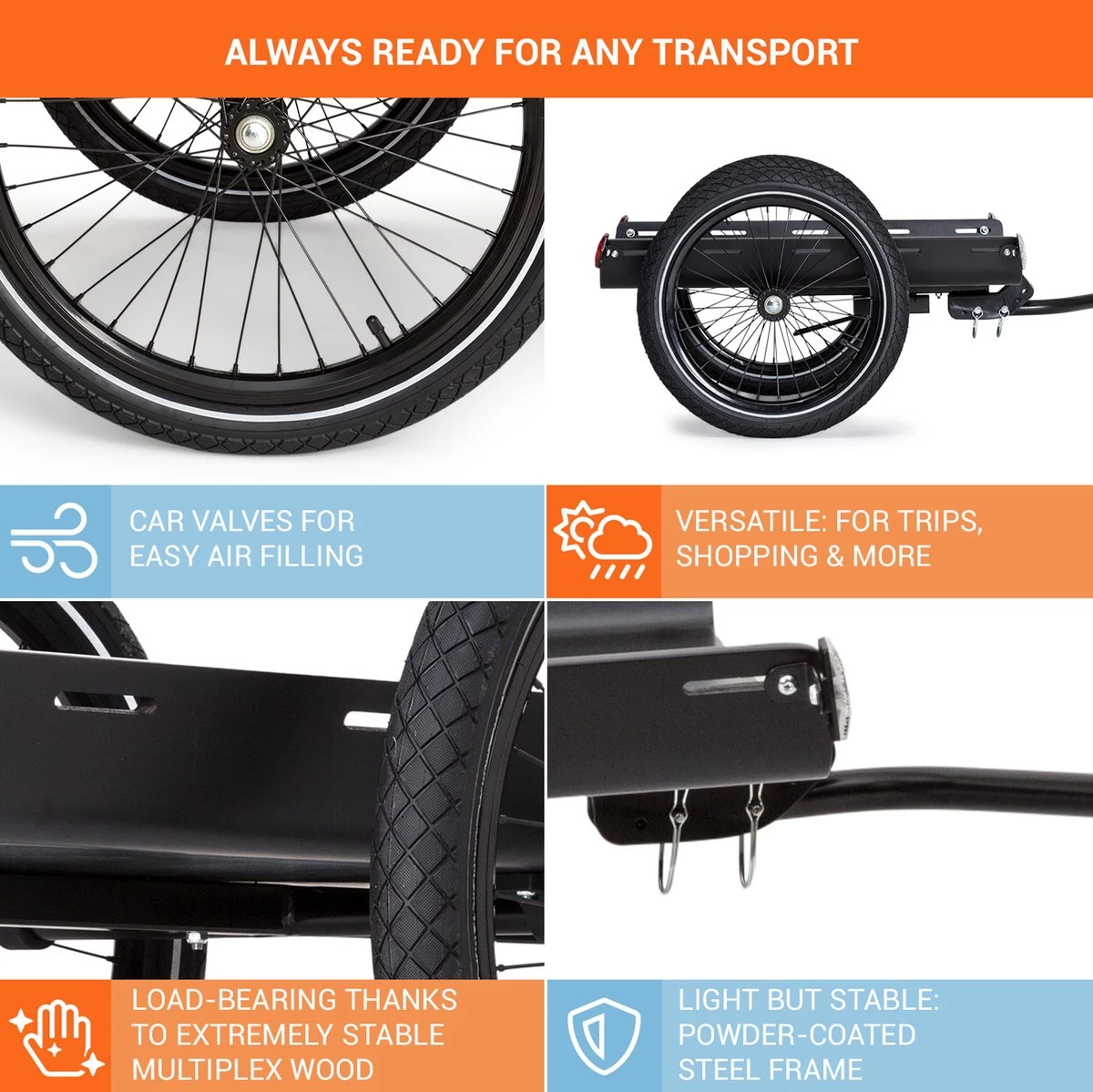 Cargo Bull Travel Aanhangwagen 40kg Fietsaanhanger Zwart/hout - Afbeelding 2