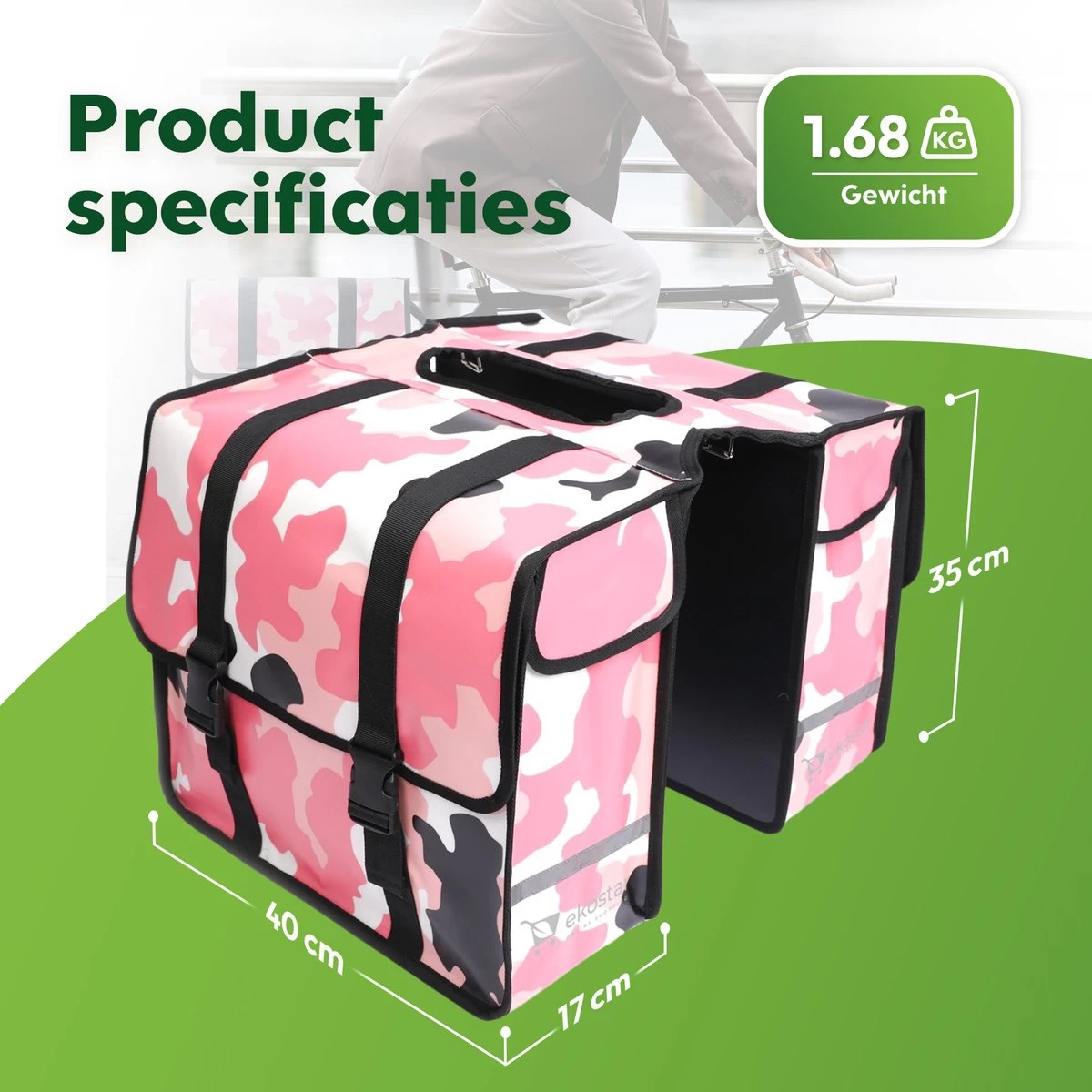 Ekostar® Online Shopping - Fietstassen Dubbel - Waterdicht - Fietstas - 46 Liter – Camouflage Roze – Fietstassen Elektrische Fietsen - Afbeelding 2