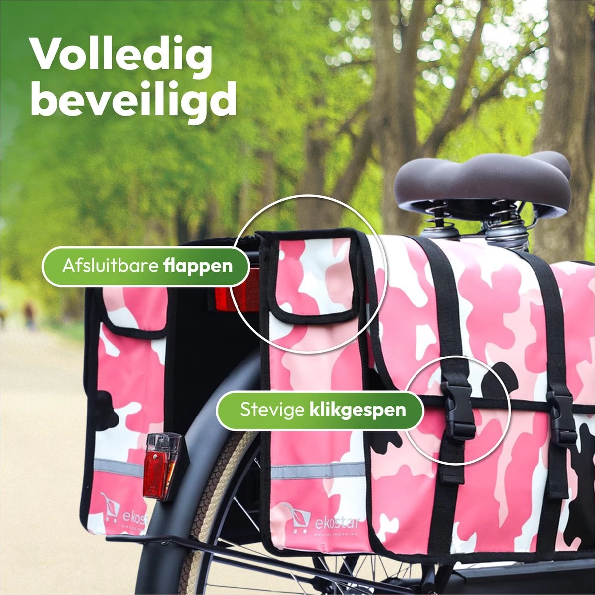 Ekostar® Online Shopping - Fietstassen Dubbel - Waterdicht - Fietstas - 46 Liter – Camouflage Roze – Fietstassen Elektrische Fietsen - Afbeelding 3