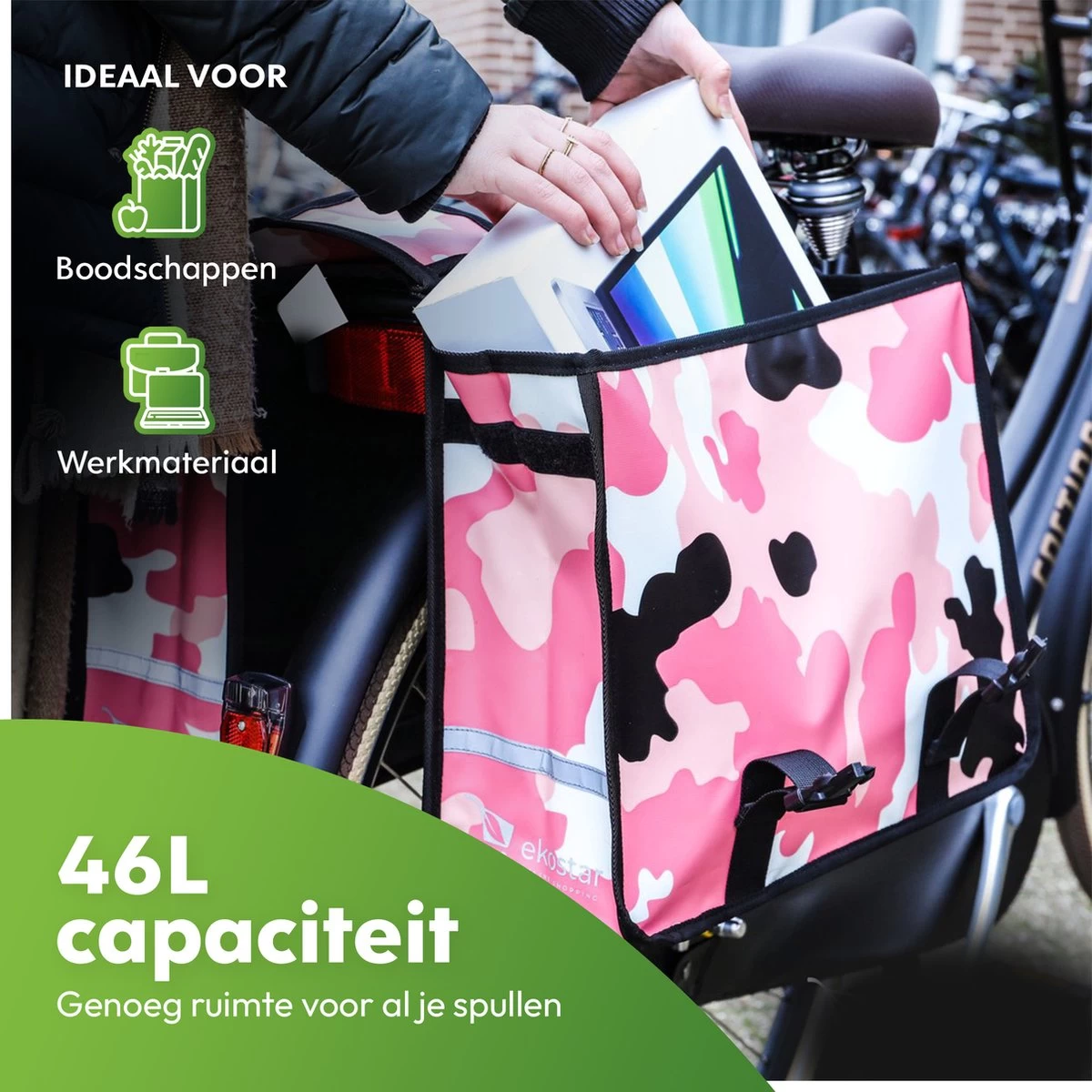 Ekostar® Online Shopping - Fietstassen Dubbel - Waterdicht - Fietstas - 46 Liter – Camouflage Roze – Fietstassen Elektrische Fietsen - Afbeelding 9