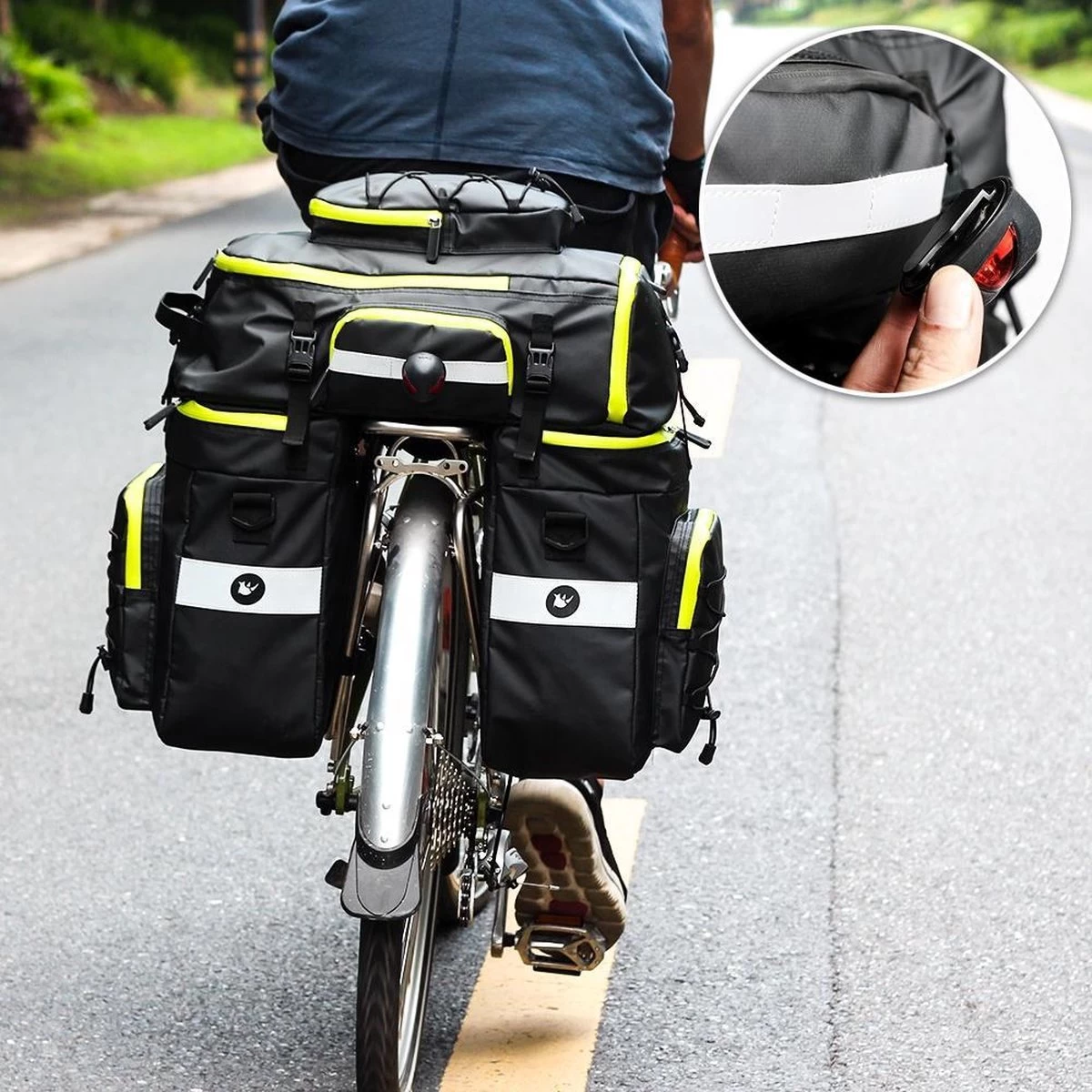 Fietstassen Dubbel Rugzak Fietstas Rugtas Bagagedrager Fiets Regenhoes Zwart Groen 60L - RHINOWALK® - Afbeelding 6