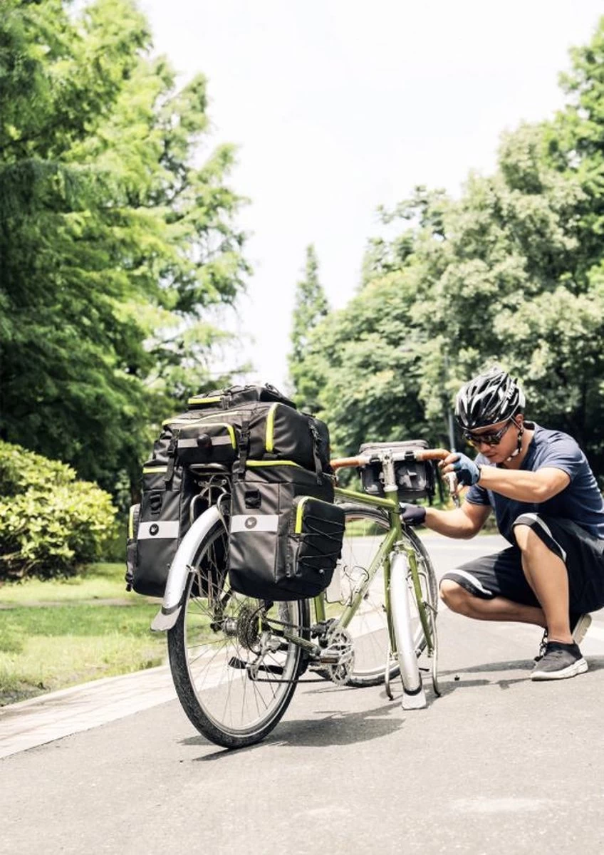 Fietstassen Dubbel Rugzak Fietstas Rugtas Bagagedrager Fiets Regenhoes Zwart Groen 60L - RHINOWALK® - Afbeelding 16