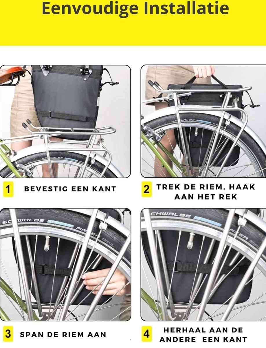 Fietstassen Dubbel Rugzak Fietstas Rugtas Bagagedrager Fiets Regenhoes Zwart Groen 60L - RHINOWALK® - Afbeelding 12