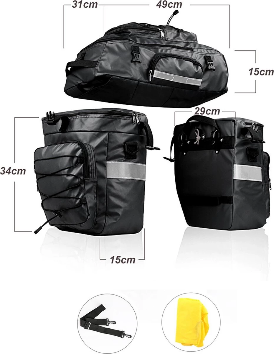 Fietstassen Dubbel Rugzak Fietstas Rugtas Bagagedrager Fiets Regenhoes Zwart Groen 60L - RHINOWALK® - Afbeelding 3